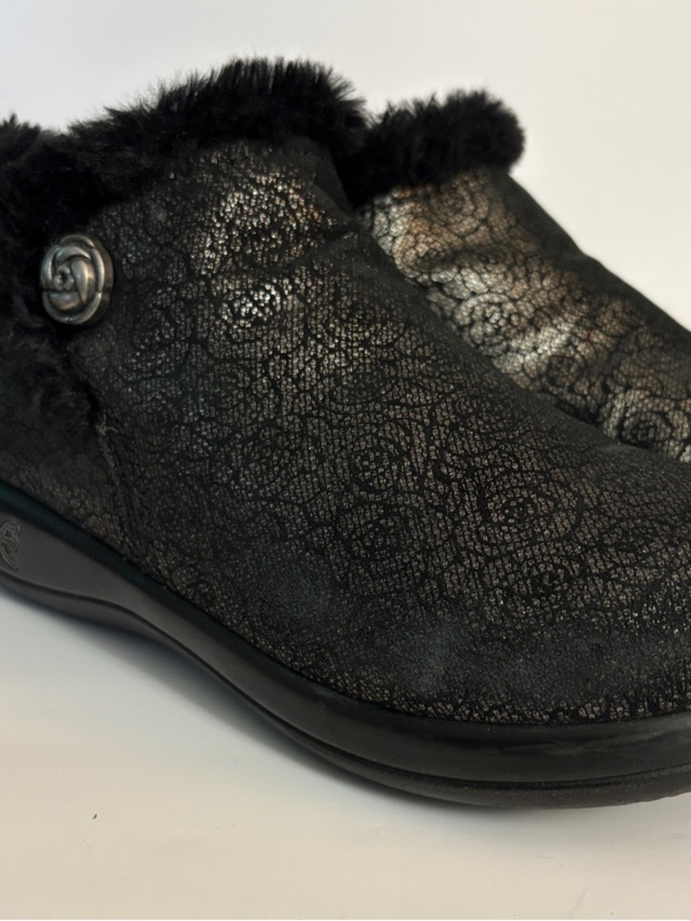 Alegria Black Faux Fur Trim Zipper Ankle Boot.
